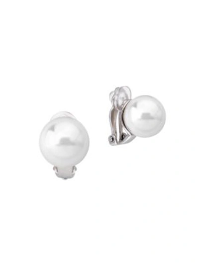 Majorica Sterling Silver Simulated Pearl Clip-on Button Earrings In White/silver