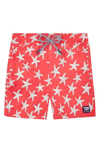 Tom & Teddy Boy's Starfish Print Classic Fit Swim Trunks In Rose & Blue