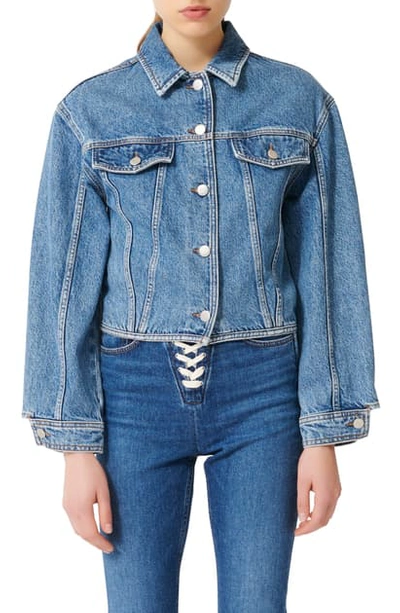 Maje Bisou Lace-up Denim Jacket In Blue