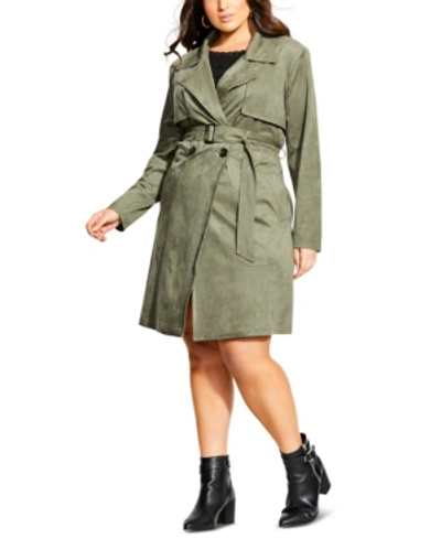 City Chic Trendy Plus Size Faux-suede Trench Coat In Pistachio