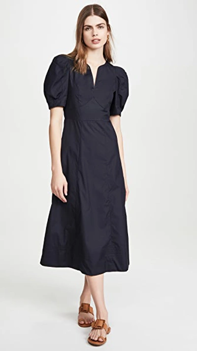 Ei8htdreams Carlie Puff Sleeve Poplin Midi Dress In Navy