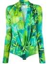 Versace Palm Tree Print Body Suit In Printed Green