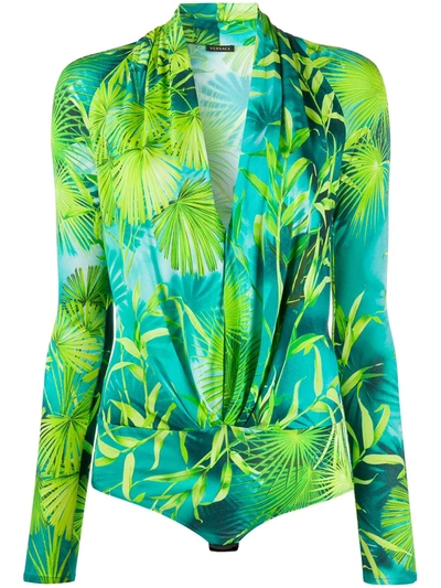 Versace Palm Tree Print Body Suit In Printed Green