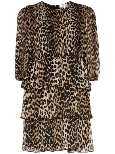 Ganni Pleated Georgette Leopard Ruffle Babydoll Dress In Brown,black,beige