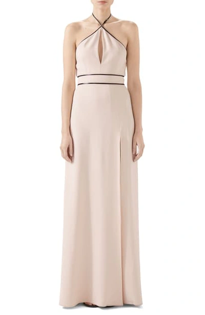 Gucci Leather Halter-neck Technical Jersey Gown In Gardenia/ Mix
