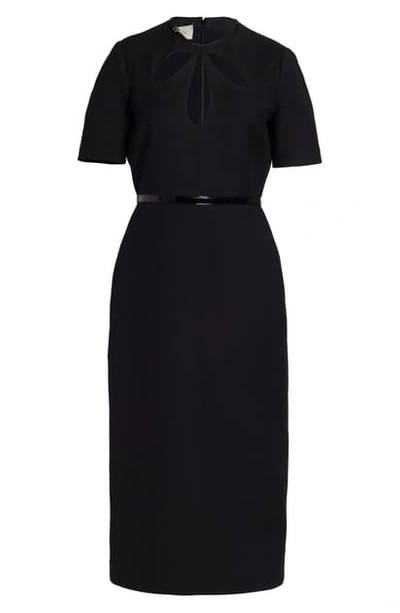 Gucci Short-sleeve Cady Crepe Wool/silk Dress With Teardrop Cutouts And Leather Trim In Black