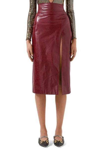 Gucci High Waisted Shiny Leather Skirt With Front Slit In Burgundy