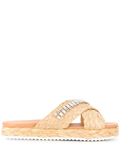 Prada Crystal-embellished Braided Raffia Slides In Beige