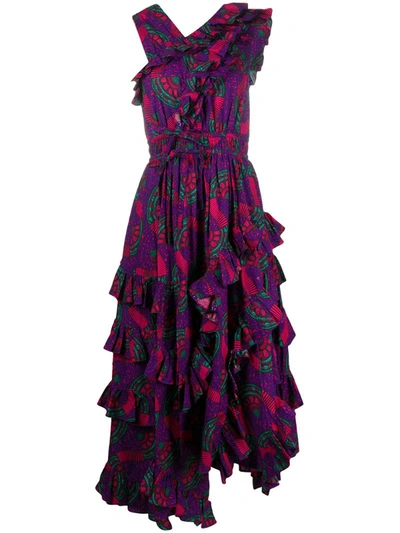 Ulla Johnson Imogen Asymmetric Ruffled Printed Cotton-poplin Midi Dress In Purple