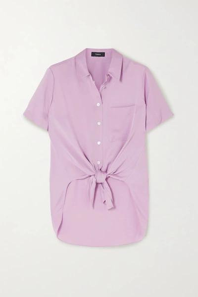 Theory Tie-front Stretch-silk Crepe De Chine Shirt In Lilac