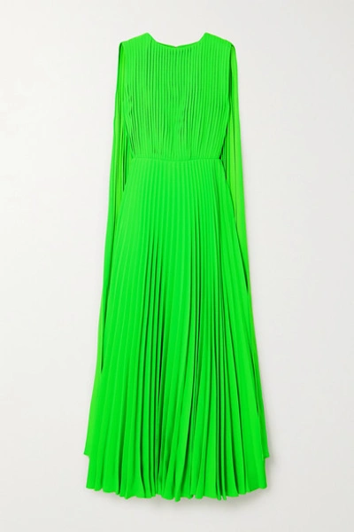 Valentino Cape-effect Neon Plissé-crepe Gown In Green