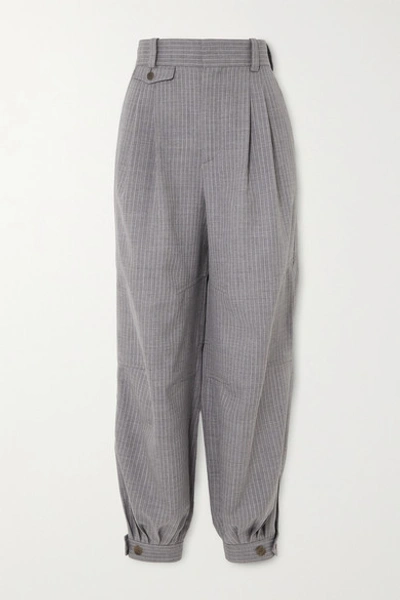Loewe Leather-trimmed Pinstriped Wool And Silk-blend Tapered Pants In Gray
