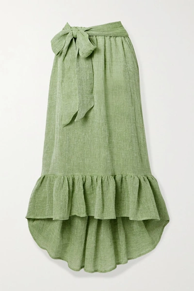 Lisa Marie Fernandez Nicole Belted Ruffled Linen-blend Gauze Midi Skirt In Green