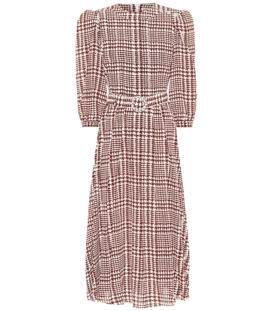 Alessandra Rich Belted Crystal-embellished Houndstooth Silk Midi Dress In Brown