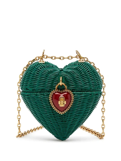 Dolce & Gabbana Heart Box Embellished Rattan And Patent-leather Shoulder Bag In Green