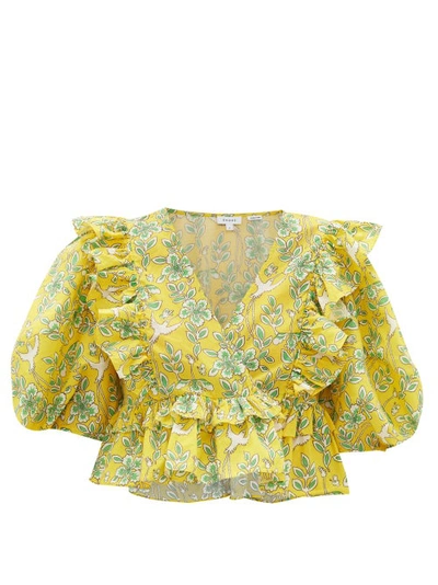Rhode Elodie Floral-print Ruffled Cotton Cropped Top In Yellow Eden