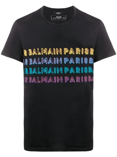 Balmain Rainbow Logo-print Cotton T-shirt In Black