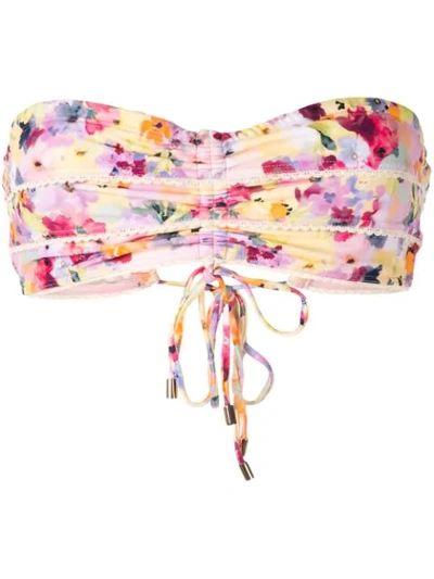 Peony Ruched Bandeau Bikini Top In Multicolour