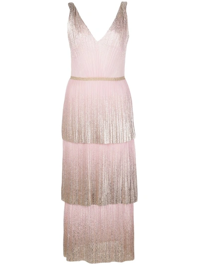 Marchesa Notte Foil Pleated Tiered Midi Dress In Pink