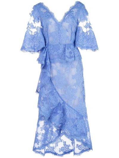Marchesa Ruffle Trim Lace Cocktail Dress In Blue