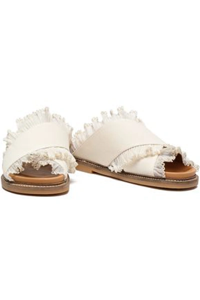 Ganni Beth Crochet-trimmed Cotton-canvas Slides In Ecru