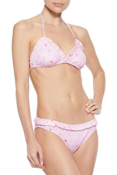 Ganni Pleated Floral-print Low-rise Bikini Briefs In Baby Pink