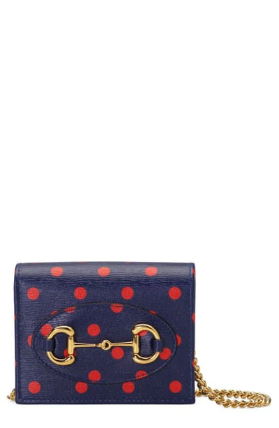 Gucci 1955 Horsebit Polka Dot Leather Wallet On A Chain In Blue/ Orange