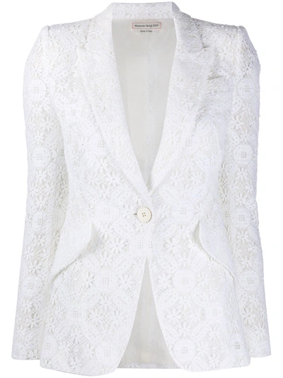 Alexander Mcqueen Cotton Blend Lace Single Breast Jacket In White