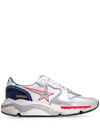 Golden Goose Blue And Silver Running Sole Leather Sneakers In Multicolor