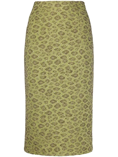 Rochas Metallic Floral Embroidered Pencil Skirt In Green