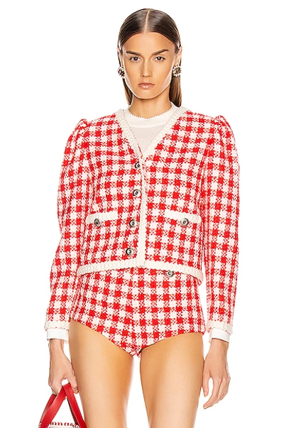 Miu Miu Gingham Check Tweed Jacket In Ivory & Red