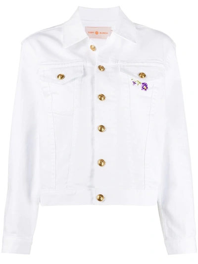 Tory Burch Embroidered Denim Jacket In White