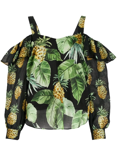 Twinset Pineapple-print Cold-shoulder Blouse In Black