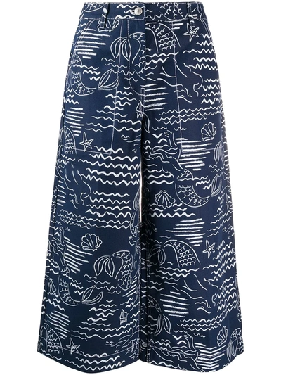 Kenzo Mermaid Print Cropped Trousers In Blue