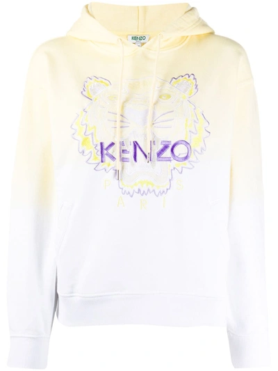 Kenzo Tiger Logo Embroidered Cotton Hoodie In White,yellow