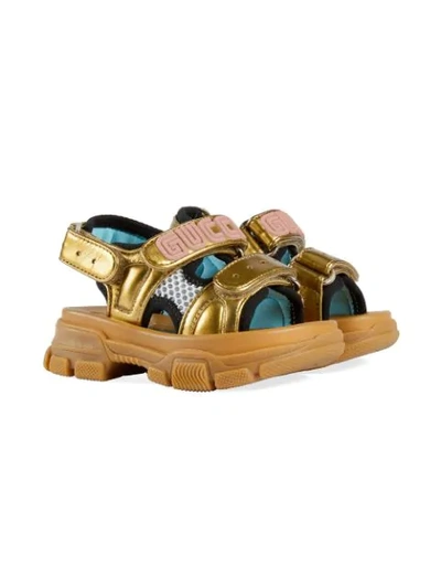 Gucci Aguru Trek Brand-embellished Leather Sandals 5-7 Years In Gold