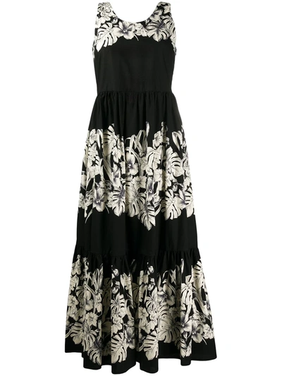 Twinset Floral Print Sleeveless Dress In Black And Ivory