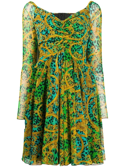 Versace Jeans Couture Leo Chain Print Dress In Green And Blue In Yellow