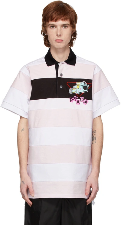 Prada Logo And Print Striped Cotton Polo Shirt In Pink