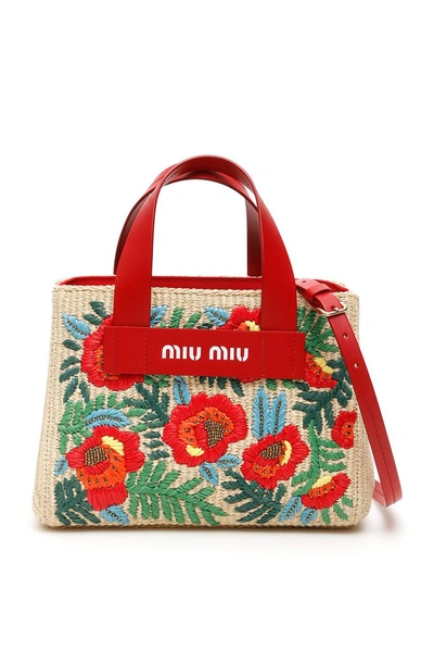 Miu Miu Embroidered Raffia Tote Bag In Naturale Fuoco