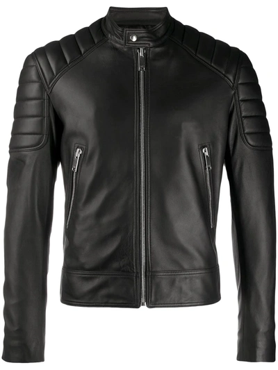 Sandro Leather Jacket With Quilted Trims In Black