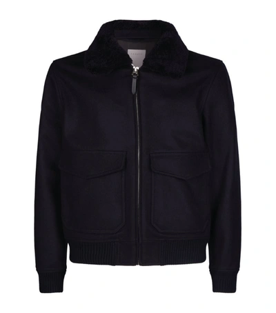 Sandro Aviator Jacket With Sheepskin Collar In Navy Blue