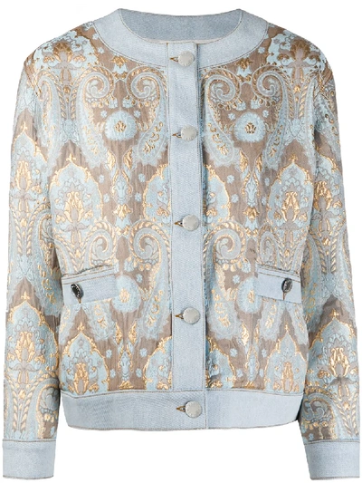 Sandro Brocade Jacket With Denim Inserts In Blue