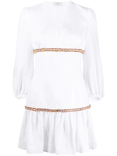 Sandro Short Ramie Dress With Fringed Trim In White