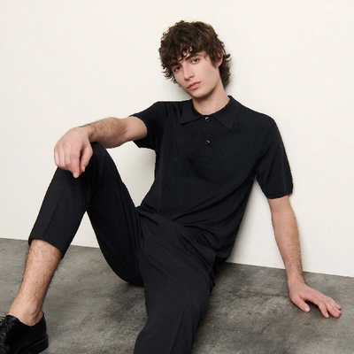 Sandro Fine Knit Polo Shirt With Short Sleeves In Marine