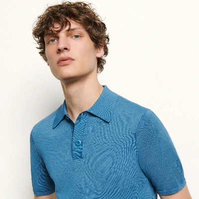Sandro Fine Knit Polo Shirt With Short Sleeves In Blue
