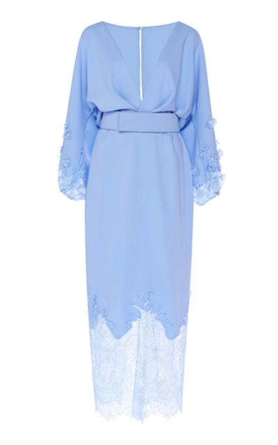 Costarellos Belted Crepe And Chantilly Lace Midi Dress In Blue