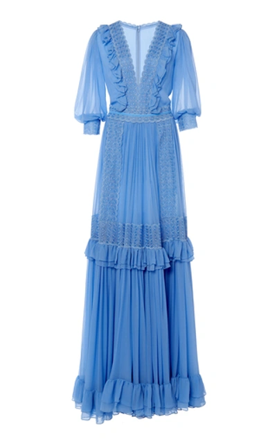 Costarellos Tiered Silk Chiffon Maxi Dress In Blue