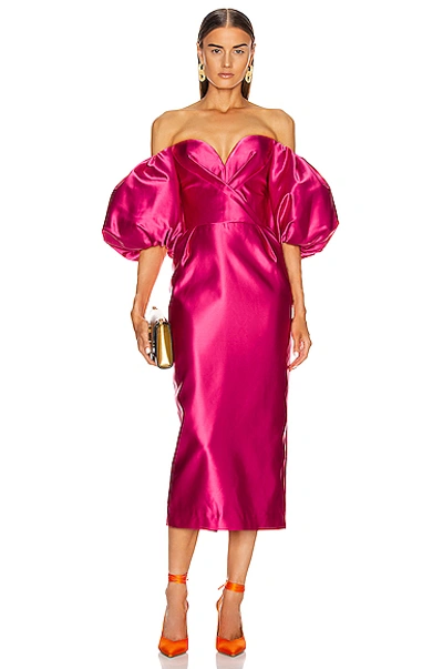 Rasario For Fwrd Puff Sleeve Corset Midi Dress In Hot Pink