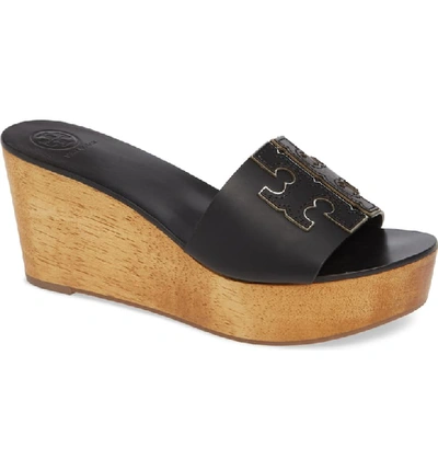 Tory Burch Ines Leather Logo Wedge Sandals In Perfect Black / Silver